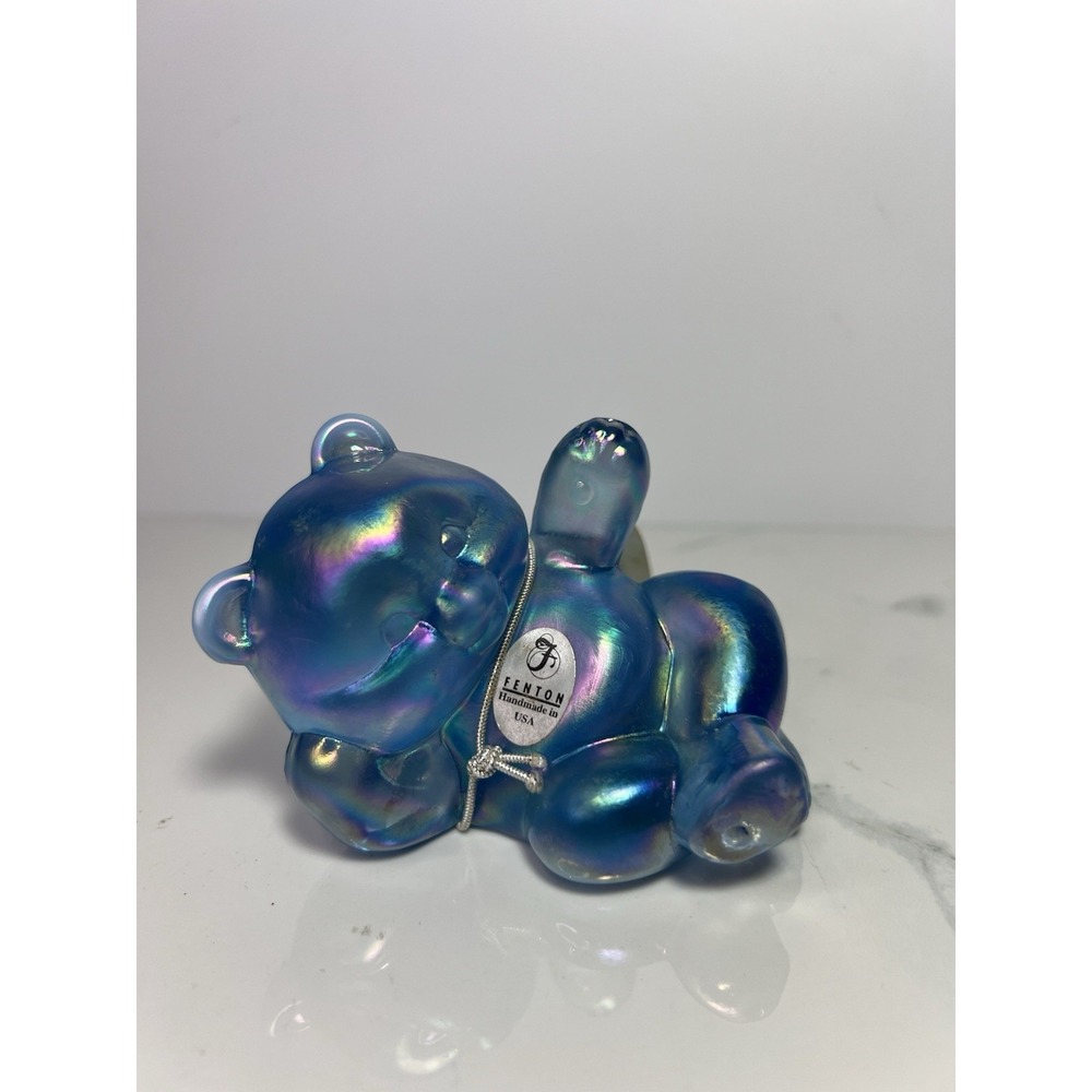 Fenton Blue Opalescent Carnival Glass Reclining Waving Bear Figurine USA Made